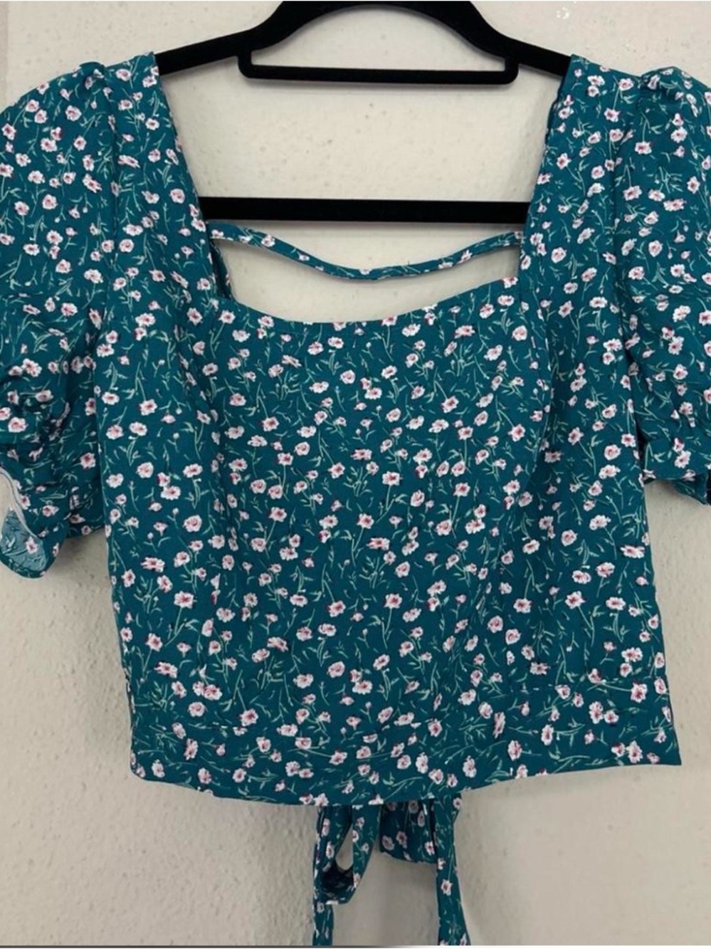 SHEIN Teal Floral Square-Neck Tie-Back Crop Top